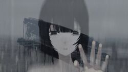 Rule 34 | 1girl, absurdres, black eyes, black hair, blank stare, condensation, empty eyes, hand on glass, hand up, highres, looking at viewer, nakase miru, original, parted lips, portrait, short hair, solo, video crop, window fog