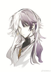 Rule 34 | 1boy, black sweater, bungou stray dogs, chinese commentary, closed mouth, collared vest, commentary request, cui (jidanhaidaitang), earrings, eyelashes, frown, grey vest, highres, jacket, jewelry, long hair, looking at viewer, male focus, multicolored hair, necktie, orange necktie, purple eyes, purple hair, sigma (bungou stray dogs), simple background, single earring, solo, sweater, turtleneck, turtleneck sweater, two-tone hair, upper body, vest, watermark, weibo logo, weibo watermark, white background, white hair, white jacket