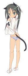 Rule 34 | 1girl, animal ears, ass, black hair, blade (galaxist), blush, cat ears, cat tail, flat ass, francesca lucchini, from behind, green eyes, hair ribbon, long hair, looking back, military, military uniform, panties, ribbon, simple background, solo, strike witches, striped clothes, striped panties, tail, twintails, underwear, uniform, world witches series