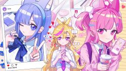 Rule 34 | 3girls, ahoge, animal ear fluff, animal ears, bead bracelet, beads, blonde hair, blue bow, blue bowtie, blue eyes, blue hair, blue hairband, blue nails, bow, bowtie, bracelet, buro (muse dash), cat ears, cellphone, chat log, cjsdh1000, closed mouth, collared shirt, commentary request, cup, diary, drinking straw, earrings, emoji, hair ornament, hairband, hairclip, heart, highres, holding, holding cup, holding phone, jewelry, long hair, long sleeves, looking at viewer, marija (muse dash), multicolored hair, multiple girls, muse dash, necktie, one eye closed, one side up, phone, pink eyes, pink hair, pink nails, pink sweater, pom pom (clothes), purple hair, purple necktie, rin (muse dash), shirt, smartphone, star (symbol), star in eye, streaked hair, sweater, symbol in eye, text messaging, upper body, v, very long hair, white shirt, window (computing)