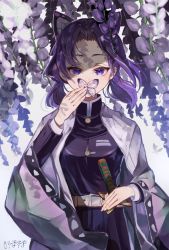 Rule 34 | 1girl, absurdres, animal print, belt, bug, butterfly, butterfly hair ornament, butterfly print, covering own mouth, flower, hair ornament, hand up, haori, highres, insect, japanese clothes, kimetsu no yaiba, kochou shinobu, long sleeves, momoiti, parted bangs, purple butterfly, purple eyes, purple hair, signature, solo, sword, upper body, weapon, white belt, wisteria
