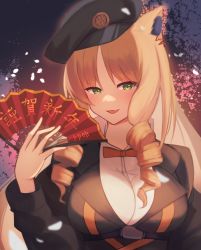 Rule 34 | 1girl, :d, animal ears, arknights, black headwear, black jacket, blonde hair, blush, breasts, commentary request, earpiece, fang, folding fan, green eyes, hand fan, highres, holding, holding fan, jacket, large breasts, long hair, looking at viewer, open mouth, parted bangs, petals, ringlets, sanukiske, shirt, sidelocks, skin fang, smile, solo, swire (arknights), tiger ears, translation request, underbust, upper body, white shirt