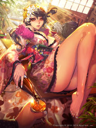 Rule 34 | 1girl, alcohol, bare legs, barefoot, black bra, bottle, bow, bowl, bra, bracelet, breasts, brown eyes, brown hair, can, chest of drawers, cleavage, dated, eyelashes, feet, fingernails, floral print, flower, food, fruit, furyou michi ~gang road~, hair flower, hair ornament, highres, holding, holding bottle, indoors, japanese clothes, jewelry, kanzashi, katsushika ouka, kimono, kotatsu, lace trim, large breasts, legs, legs together, light particles, lips, long fingernails, long hair, long legs, long sleeves, lying, mandarin orange, mole, nail polish, obi, off shoulder, on back, one side up, plant, pouring, pov, sake, sake bottle, sash, short hair, short kimono, solo focus, sparkle, sunlight, swept bangs, table, tassel, thighs, toes, underwear, watermark, white hair, white nails, wide sleeves, xaxak, yellow eyes, yuujo