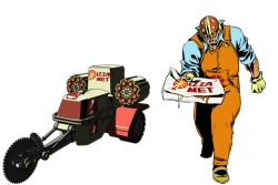 Rule 34 | 1boy, english text, food, gloves, helmet, male focus, official art, orange overalls, overalls, pizza, pizza cutter, pizzamet, promotional art, tailenders