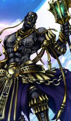 1boy abs armor bald black_skin bracelet chain chest_tattoo clenched_teeth cloud cloudy_sky colored_skin commentary darius_iii_(fate) day earrings facial_tattoo fate/grand_order fate_(series) feet_out_of_frame fire forehead_jewel gold_armor gold_bracelet green_fire holding holding_lantern jewelry lantern male_focus multiple_bracelets multiple_necklaces multiple_rings necklace official_art pectorals pfalz purple_skirt ring skirt sky solid_eyes solo tattoo teeth third-party_source topless_male yellow_eyes yellow_teeth