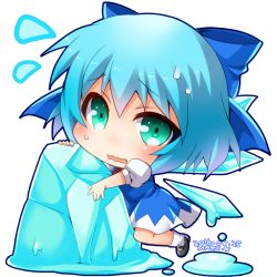 Rule 34 | 10s, 1girl, 2016, aqua eyes, artist name, blue bow, blue dress, blue hair, bow, chibi, cirno, dated, dress, flying sweatdrops, hair between eyes, hair bow, ice, ice wings, looking at viewer, makokb, mary janes, melting, hugging object, open mouth, puddle, puffy short sleeves, puffy sleeves, shiny skin, shoes, short hair, short sleeves, solo, sweat, touhou, transparent background, wavy mouth, wings