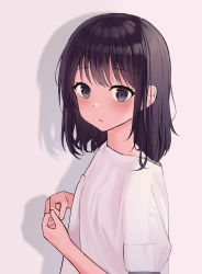 Rule 34 | 1girl, absurdres, bad id, bad pixiv id, black eyes, black hair, blush, breast pocket, breasts, closed mouth, expressionless, from side, hands up, highres, looking at viewer, looking to the side, medium hair, nagisa (cxcx5235), original, pocket, shirt, short sleeves, small breasts, solo, upper body, white shirt