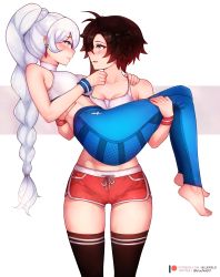 Rule 34 | 2girls, alternate costume, bare shoulders, barefoot, black hair, black legwear, blue eyes, blue pants, bluefield, blush, braid, breasts, carrying, cleavage, collarbone, commentary, earrings, eye contact, gradient hair, grey eyes, gym shorts, highres, jewelry, long braid, long hair, looking at another, midriff, multicolored hair, multiple girls, pants, patreon username, princess carry, red hair, red legwear, red shorts, ruby rose, rwby, short hair, short shorts, shorts, side ponytail, single braid, sleeveless, smile, sports bra, sportswear, tank top, thighhighs, two-tone hair, weiss schnee, white background, white hair, yuri