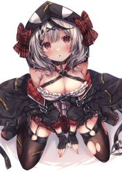 Rule 34 | 1girl, armpit crease, bad id, bad twitter id, bare shoulders, belt, black hair, braid, breasts, camisole, cleavage, collar, fingerless gloves, french braid, frills, from above, garter belt, gloves, hair ornament, hairclip, highres, hololive, hood, jacket, large breasts, off shoulder, red eyes, sakamata chloe, sakamata chloe (1st costume), short hair, silver hair, simple background, sitting, solo, sorashima (117), thighhighs, torn clothes, torn thighhighs, virtual youtuber, white background, zettai ryouiki
