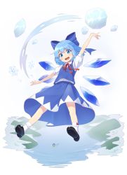 Rule 34 | 2girls, absurdres, arm up, black footwear, blue bow, blue eyes, blue hair, blue skirt, blue vest, bow, cirno, commentary, detached wings, flying, hair bow, highres, ice, ice wings, kanpa (campagne 9), looking at viewer, mary janes, misty lake, multiple girls, neck ribbon, open mouth, outstretched arms, red bow, red neckwear, ribbon, shirt, shoes, short hair, short sleeves, skirt, snowflakes, touhou, vest, wakasagihime, water, white legwear, white shirt, wings