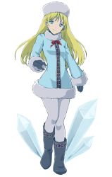 Rule 34 | 1girl, alternate costume, arc the lad, blonde hair, blue eyes, boots, breasts, character request, closed mouth, coat, dress, full body, ice, long hair, looking at viewer, medium breasts, pantyhose, smile, solo, standing, surume (surume 8738), walking, white background, winter clothes