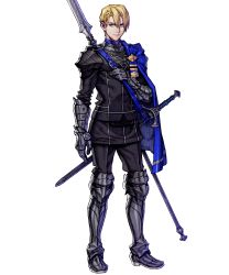 Rule 34 | 1boy, armor, armored boots, blonde hair, blue eyes, boots, cape, dimitri alexandre blaiddyd, fire emblem, fire emblem: three houses, fire emblem heroes, fujisaka kimihiko, full body, gauntlets, gloves, highres, long sleeves, male focus, nintendo, official art, pants, polearm, short hair, solo, spear, standing, sword, transparent background, weapon