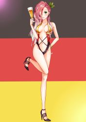 Rule 34 | 1girl, absurdres, alcohol, beer, bikini, breasts, collarbone, cup, drinking glass, earrings, flag print, full body, german flag, german flag bikini, germany, green eyes, groin, hand on own hip, high heels, highres, holding, holding cup, holding drinking glass, jewelry, long hair, original, pink hair, smile, solo, standing, standing on one leg, striped, swimsuit, yoshida iyo
