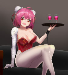 Rule 34 | 1girl, adapted costume, animal ears, bandaged arm, bandages, bare shoulders, breasts, bun cover, cleavage, covered erect nipples, cuffs, cup, double bun, drinking glass, grey background, hair bun, highres, ibaraki kasen, kuronibari, leotard, medium breasts, pantyhose, pink hair, playboy bunny, rabbit ears, red leotard, shackles, sitting, smile, solo, strapless, strapless leotard, thighs, touhou, tray, wine glass
