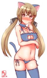 Rule 34 | 1girl, alternate costume, animal ears, bell, blue bra, blue panties, blue thighhighs, bra, breasts, brown hair, cat cutout, cat ear panties, cat ears, cat lingerie, cat tail, choker, cleavage, cleavage cutout, clothing cutout, dated, frilled bra, frills, groin, hair between eyes, hair ornament, hairclip, highres, jingle bell, kanon (kurogane knights), kantai collection, logo, long hair, low twintails, lowleg, lowleg panties, medium breasts, meme attire, neck bell, panties, red eyes, side-tie panties, simple background, solo, tail, tashkent (kancolle), thighhighs, twintails, underwear, underwear only, white background