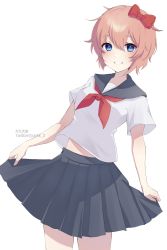 Rule 34 | 1girl, :d, blouse, blue eyes, blush, bow, doki doki literature club, hair bow, highres, looking at viewer, midriff, neckerchief, oekk 2, open mouth, pink hair, pleated skirt, red bow, sailor collar, sayori (doki doki literature club), school uniform, serafuku, shirt, short hair, simple background, skirt, smile, solo, white background