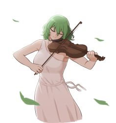 Rule 34 | 1girl, ancient greek clothes, bare shoulders, breasts, closed eyes, commentary, cowboy shot, dress, english commentary, falling leaves, green hair, highres, instrument, kazami yuuka, leaf, mata (matasoup), music, peplos, playing instrument, simple background, single strap, solo, touhou, violin, white background, white dress