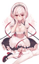 Rule 34 | 1girl, absurdres, anchor choker, apron, azur lane, black footwear, blush, breasts, choker, cleavage, closed mouth, collarbone, dress, eyelashes, frilled apron, frilled choker, frilled dress, frills, hair between eyes, hairband, hand in own hair, hand up, high heels, highres, kinty, lace-trimmed hairband, lace trim, legs, looking at viewer, maid, maid apron, medium breasts, puffy sleeves, red eyes, red ribbon, ribbon, ribbon-trimmed legwear, ribbon trim, short hair, short sleeves, sidelocks, silver hair, simple background, sirius (azur lane), sitting, solo, thighhighs, waist apron, white apron, white background, white thighhighs