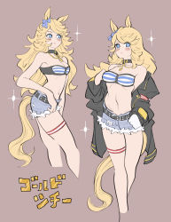 Rule 34 | 1girl, absurdres, animal ears, bandeau, bare arms, bare legs, bare shoulders, black choker, black jacket, blonde hair, blue bow, blue eyes, blush stickers, bow, breasts, character name, choker, cleavage, cropped legs, cutoffs, denim, denim shorts, flat color, gloves, gold city (umamusume), grey background, hachinos ssb, hair bow, highres, horse ears, jacket, long hair, long sleeves, midriff, multiple views, navel, off shoulder, open clothes, open jacket, short shorts, shorts, simple background, single glove, small breasts, sparkle, standing, stomach, strapless, striped bandeau, tail, thigh strap, thighs, translated, tube top, umamusume, very long hair, white gloves