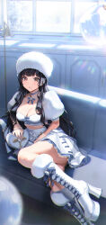 Rule 34 | 1girl, absurdres, black hair, blunt bangs, blush, boots, bra, breasts, brown eyes, choker, cleavage, earrings, full body, fur hat, hat, high heel boots, high heels, highres, idolmaster, idolmaster shiny colors, jewelry, knee boots, light particles, long hair, looking at viewer, mayuzumi fuyuko, medium breasts, milin (orange maru), necklace, puffy short sleeves, puffy sleeves, short sleeves, sitting, skirt, solo, underwear, white bra, white footwear, white hat, white skirt