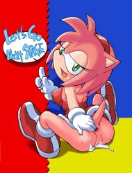 Rule 34 | 1girl, aku tojyo, amy rose, anal, anus, ass, breasts, censored, cleft of venus, covered erect nipples, cum, female focus, from behind, full body, furry, furry female, looking back, open mouth, pointless censoring, pussy, simple background, sitting, solo, sonic (series), tail