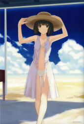 Rule 34 | 1girl, absurdres, bare shoulders, beach, bikini, black eyes, black hair, blue sky, cloud, crossed legs, day, dress, front-tie top, hat, highres, kimi kiss, looking at viewer, open clothes, outdoors, see-through, shijou mitsuki, short hair, sky, smile, solo, standing, sun hat, swimsuit, takayama kisai, white bikini, white dress