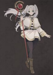 Rule 34 | 1girl, belt, black belt, black pantyhose, brown footwear, capelet, closed mouth, earrings, elf, frieren, full body, green eyes, grey capelet, grey hair, grey skirt, highres, holding, holding staff, jewelry, long hair, long sleeves, looking at viewer, noah (tettsui-sole), pantyhose, parted bangs, pointy ears, shirt, simple background, skirt, solo, sousou no frieren, staff, standing, striped clothes, striped shirt, twintails