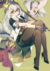 Rule 34 | 1girl, animal, black-framed eyewear, black footwear, black gloves, black pantyhose, black shirt, black skirt, blue eyes, brown eyes, brown vest, closed mouth, coat, commentary request, copyright name, crossed legs, dog tags, glasses, gloves, green background, hair between eyes, heart, heart-shaped pupils, heterochromia, high heels, highres, horns, hugging own legs, ideal (p&amp;d), knees up, long coat, long hair, looking at viewer, miniskirt, open clothes, open coat, pantyhose, pencil skirt, puzzle &amp; dragons, shirt, short sleeves, simple background, skirt, sleeveless, smile, solo, staff, symbol-shaped pupils, tennohi, vest, watermark, white coat, white hair, wing collar