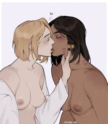 Rule 34 | 2girls, ahageao49, artist name, black hair, blonde hair, blush, breasts, closed eyes, completely nude, heart, highres, interracial, kiss, lipstick mark, lipstick mark on face, lipstick mark on neck, medium breasts, mercy (overwatch), multiple girls, nipples, nude, overwatch, overwatch 1, pharah (overwatch), yuri