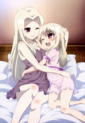 Rule 34 | 2girls, ;d, absurdres, age difference, bed, blonde hair, blush, camisole, chemise, fate/kaleid liner prisma illya, fate (series), groin, highres, hug, illyasviel von einzbern, irisviel von einzbern, legs, lingerie, long hair, mother and daughter, multiple girls, no bra, no panties, non-web source, nyantype, official art, one eye closed, open mouth, pillow, red eyes, scan, see-through, smile, ujiie yoshihiro, underwear, very long hair, wink