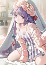 Rule 34 | 1girl, absurdres, blue bow, blunt bangs, bow, breasts, cleavage, closed mouth, collarbone, crescent, crescent hat ornament, daimaou ruaeru, dress, frilled dress, frills, hair bow, hat, hat ornament, highres, indoors, long hair, medium breasts, mob cap, patchouli knowledge, pink dress, pink hat, purple eyes, purple hair, red bow, sleeves past wrists, solo, striped clothes, striped dress, touhou, vertical-striped clothes, vertical-striped dress