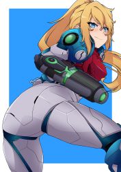 Rule 34 | 1girl, absurdres, arm cannon, armor, ass, blonde hair, blue eyes, blush, highres, long hair, looking at viewer, megumo, metroid, metroid dread, mole, mole under mouth, nintendo, ponytail, power armor, power suit, samus aran, science fiction, simple background, solo, weapon