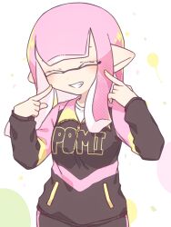 Rule 34 | 1girl, balloon, black jacket, closed eyes, commentary, inkling, inkling girl, inkling player character, inuowour, jacket, long hair, multicolored clothes, multicolored jacket, nintendo, pink hair, pink jacket, pointing, pointing at self, pointy ears, shirt, smile, solo, splatoon (series), symbol-only commentary, teeth, two-tone jacket, upper body, white background, white shirt, zipper, zipper pull tab