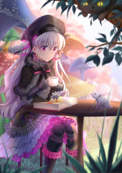 Rule 34 | 1girl, airysher, blurry, blurry foreground, book, capelet, cat, chair, commentary request, cup, day, doll joints, fate/grand order, fate (series), frills, fur-trimmed capelet, fur trim, hair between eyes, highres, joints, leaf, long hair, mushroom, nursery rhyme (fate), open book, outdoors, pink eyes, rabbit, silver hair, sitting, smile, solo, table, teacup