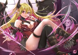 1girl absurdres bare_shoulders black_horns black_pantyhose black_wings blonde_hair breasts cleavage coach commentary_request crossed_legs demon_girl demon_horns demon_wings duel_monster ear_piercing earrings heart heart_earrings highres horns jewelry lacrima_the_crimson_tears large_breasts misakura_aoi multicolored_hair pantyhose piercing pink_hair pointy_ears single_leg_pantyhose sitting solo streaked_hair two-tone_hair two_side_up wings yu-gi-oh!