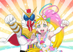 Rule 34 | 1boy, 1girl, armor, blonde hair, capelet, choker, company connection, crossover, cure summer, earrings, fingerless gloves, glove bow, gloves, gradient hair, green eyes, hair ornament, hair strand, highres, jewelry, kikai sentai zenkaiger, long hair, magical girl, midriff, multicolored eyes, multicolored hair, natsuumi manatsu, open mouth, pink hair, pink sailor collar, precure, sailor collar, side ponytail, smile, solo, super sentai, trait connection, triangle earrings, tropical-rouge! precure, ueyama michirou, white choker, white gloves, wrist bow, zenkaizer