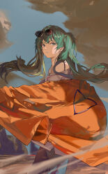 Rule 34 | 1girl, absurdres, aqua eyes, aqua hair, blue sky, cloud, commentary, dangle earrings, earrings, eyewear on head, facing viewer, feet out of frame, from side, hatsune miku, highres, hoop earrings, jacket, jenmin12, jewelry, long hair, looking ahead, looking back, off shoulder, orange jacket, outdoors, parted lips, sky, solo, standing, suna no wakusei (vocaloid), sunglasses, twintails, vocaloid