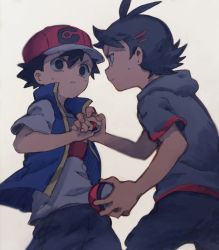 Rule 34 | 2boys, ash ketchum, baseball cap, black hair, black pants, blue vest, commentary request, creatures (company), dark skin, dark-skinned male, eye contact, game freak, goh (pokemon), grey shirt, hair ornament, hairclip, hat, highres, holding, holding another&#039;s arm, holding poke ball, kurage2535, looking at another, male focus, multiple boys, nintendo, pants, poke ball, poke ball (basic), pokemon, pokemon (anime), pokemon journeys, shirt, simple background, spiked hair, surprised, sweat, vest, wavy eyes, white background, white shirt