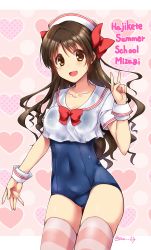 Rule 34 | 1girl, :d, absurdres, arm at side, blue one-piece swimsuit, blush, bow, bowtie, breasts, brown eyes, collarbone, covered navel, cowboy shot, english text, hair bow, hand up, hat, heart, heart background, highres, idolmaster, idolmaster cinderella girls, long hair, looking at viewer, medium breasts, one-piece swimsuit, open mouth, outside border, paopao, polka dot, red bow, red bowtie, sailor collar, sailor hat, school swimsuit, see-through, shimamura uzuki, shirt, short sleeves, smile, solo, standing, striped clothes, striped thighhighs, swimsuit, swimsuit under clothes, thighhighs, thighs, twitter username, v, wavy mouth, white hat, white sailor collar, white shirt, wrist cuffs