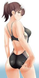Rule 34 | 10s, 1girl, adjusting clothes, adjusting swimsuit, alternate costume, ass, back, back cutout, breasts, brown eyes, brown hair, clothing cutout, competition swimsuit, from behind, gradient background, kaga (kancolle), kantai collection, large breasts, looking at viewer, looking back, one-piece swimsuit, side ponytail, simple background, solo, swimsuit, takamura wamu, white background