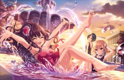 Rule 34 | 10s, 3girls, :3, ^ ^, armpits, arms up, artist request, barefoot, blue hair, bracelet, braid, brown hair, closed eyes, cloud, dress, feet, flower, fountain, hair flower, hair ornament, hayami kanade, ichinose shiki, idolmaster, idolmaster cinderella girls, idolmaster cinderella girls starlight stage, jewelry, long hair, looking at another, multicolored hair, multiple girls, nail polish, necklace, ninomiya asuka, official art, open mouth, purple eyes, rose, sky, smile, soles, strapless, sunset, toenail polish, toenails, toes, tree, two-tone hair, water, wavy hair, wet, yellow eyes