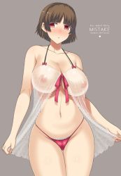 Rule 34 | 10s, 1girl, 2017, :&lt;, artist name, babydoll, bare shoulders, blunt bangs, blush, bow, braid, breasts, brown hair, cleavage, collarbone, covered erect nipples, cowboy shot, crown braid, darabuchi, embarrassed, frilled panties, frills, full-face blush, grey background, groin, large breasts, looking at viewer, navel, niijima makoto, nipples, open mouth, panties, parted lips, persona, persona 5, pink bow, raised eyebrows, red eyes, red panties, see-through, short hair, simple background, skindentation, solo, standing, stomach, tareme, teardrop, thigh gap, thighs, triangle mouth, underwear, underwear only