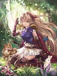Rule 34 | 1girl, arisa (shadowverse), belt, blonde hair, blouse, blush, boots, breasts, brown footwear, bug, butterfly, deer, dress, elbow gloves, elf, floating hair, gloves, green eyes, hair ribbon, hand up, insect, long hair, medium breasts, one eye closed, pointy ears, purple gloves, purple shirt, rabbit, red ribbon, ribbon, shadowverse, shirt, sidelocks, sitting, skirt, sleeveless, sleeveless dress, sleeveless shirt, smile, solo, thigh boots, thighhighs, uanuan, wariza, white dress, wind