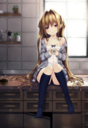 Rule 34 | 1girl, bare shoulders, black shorts, black socks, blonde hair, camisole, closed mouth, coffee, collarbone, commentary request, cup, day, grey jacket, hair intakes, head tilt, highres, holding, holding cup, jacket, kneehighs, konjiki no yami, light particles, long hair, long sleeves, looking at viewer, no shoes, off shoulder, open clothes, open jacket, panties, panty peek, plant, potted plant, red eyes, shelf, shirt, shokuyou mogura, short shorts, shorts, sidelocks, sitting, sleeves past wrists, socks, solo, to love-ru, to love-ru darkness, underwear, upshorts, very long hair, white shirt, window