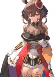 Rule 34 | 1girl, absurdres, animal ears, blush, breasts, brown eyes, brown hair, cleavage, closed mouth, collarbone, commentary request, detached sleeves, gentildonna (umamusume), gloves, hair between eyes, hair ornament, hair rings, highres, horse ears, horse girl, horse tail, large breasts, looking at viewer, medium hair, one eye closed, rangen, ribbon, smile, solo, tail, thighhighs, umamusume, white background