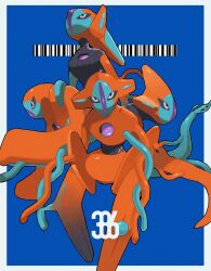 Rule 34 | alien, black sclera, blue background, blue skin, colored sclera, colored skin, creatures (company), deoxys, deoxys (attack), deoxys (defense), deoxys (normal), deoxys (speed), game freak, gen 3 pokemon, gogot, highres, mythical pokemon, nintendo, orange skin, pokemon, pokemon (creature), tentacles, white eyes