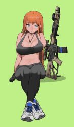 Rule 34 | 1girl, ar-15, black gloves, black pants, black sports bra, blue eyes, blush, breasts, cleavage, commentary, commentary request, crossed ankles, english commentary, full body, gloves, gun, gun sling, highres, invisible chair, jewelry, large breasts, long hair, midriff, navel, necklace, orange hair, original, pants, pendant, rifle, scope, shoes, sitting, sneakers, solo, sports bra, sweat, tac239, weapon, white footwear, yoga pants