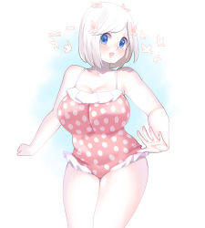 Rule 34 | 1girl, blue eyes, bob cut, breasts, bug, butterfly, cowboy shot, dskn, huge breasts, bug, looking at viewer, one-piece swimsuit, plump, polka dot, polka dot swimsuit, solo, swimsuit, white hair