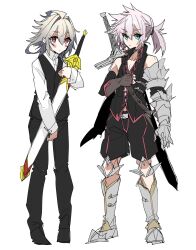 Rule 34 | 2boys, ahoge, aqua eyes, armor, armored boots, bare shoulders, belt buckle, black pants, black shorts, black vest, blush stickers, boots, brown gloves, buckle, collarbone, dress shirt, fate/apocrypha, fate/grand order, fate (series), fingerless gloves, gauntlets, gloves, greaves, green eyes, grey hair, hair between eyes, haoro, high collar, highres, holding, holding sheath, holding sword, holding weapon, knee pads, male focus, medium hair, multiple boys, no nose, pants, pectoral cleavage, pectorals, ponytail, red eyes, scabbard, sheath, sheathed, shirt, short hair, shorts, sieg (fate), siegfried (fate), simple background, single gauntlet, single glove, single hair ring, spiked hair, sword, vest, weapon, weapon on back, white background, white shirt