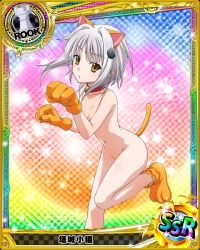 Rule 34 | 10s, 1girl, animal ears, animal hands, bell, card (medium), cat ears, cat hair ornament, cat paws, character name, chess piece, flat chest, hair intakes, hair ornament, high school dxd, navel, neck bell, nude, nude filter, rook (chess), short hair, solo, sparkle, third-party edit, toujou koneko, trading card, white hair, yellow eyes